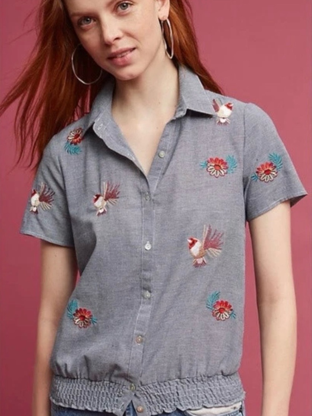 Anthropologie NWT Embroidered Chambray Button-Down Top size S